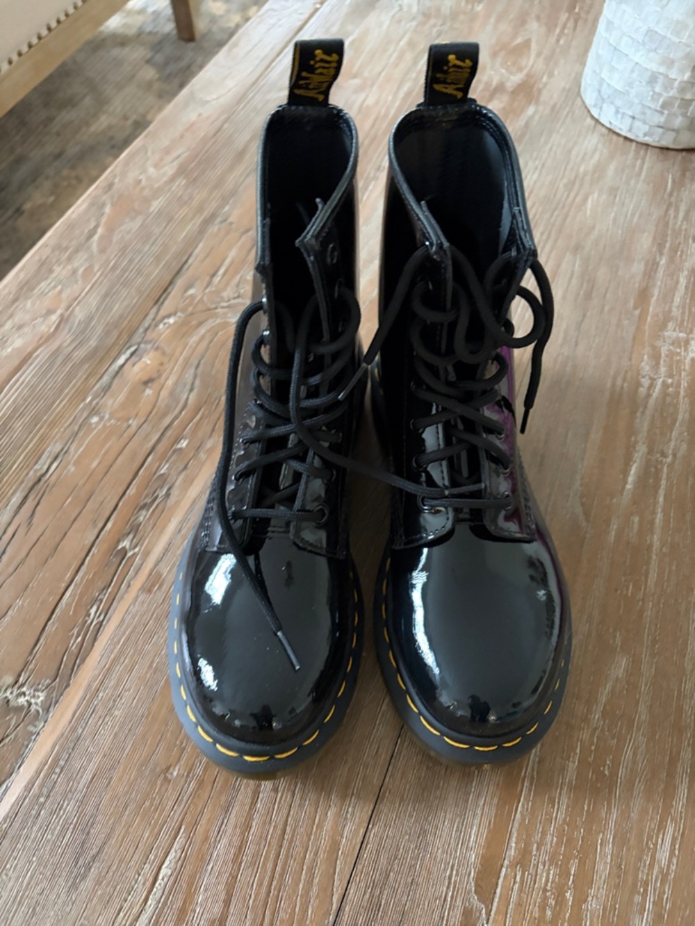 Dr. Martens Black Patent Lace-Up Boots with Yellow Stitching